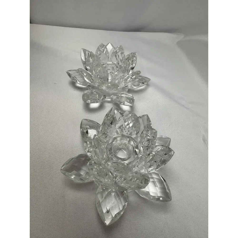 Vintage Shannon Crystal by Godinger Lotus Flower Taper Candle Holder-Set of 2